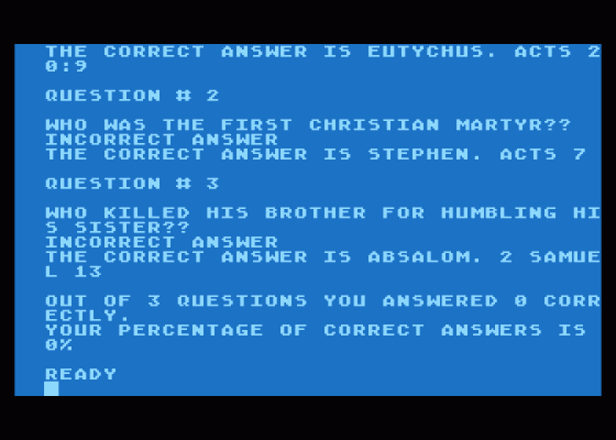Bible Quiz Screenshot 1 (Atari 400/800/600XL/800XL/130XE)